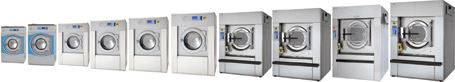 A lineup of Electrolux commercial washers and dryers